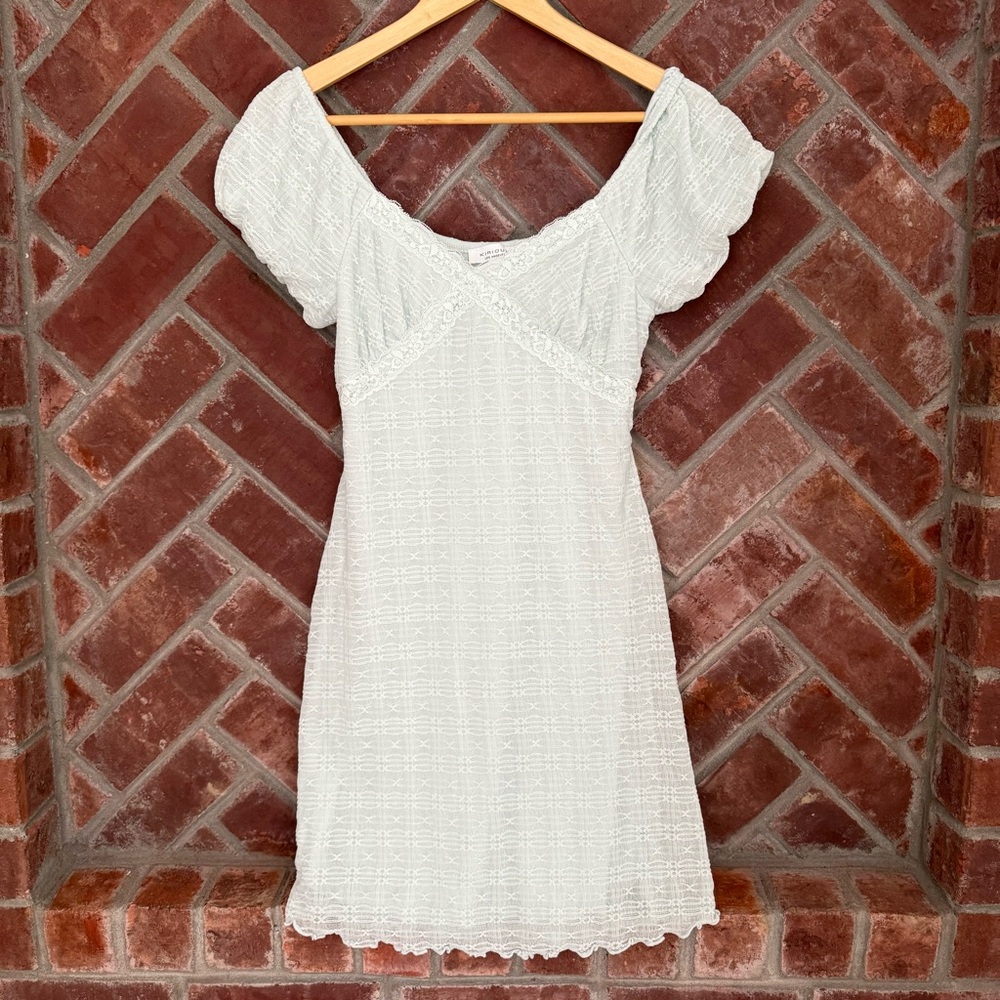 Kirious Mini Dress Women Size S Light Blue Lace Trim Puff Sleeve Lettuce Hem